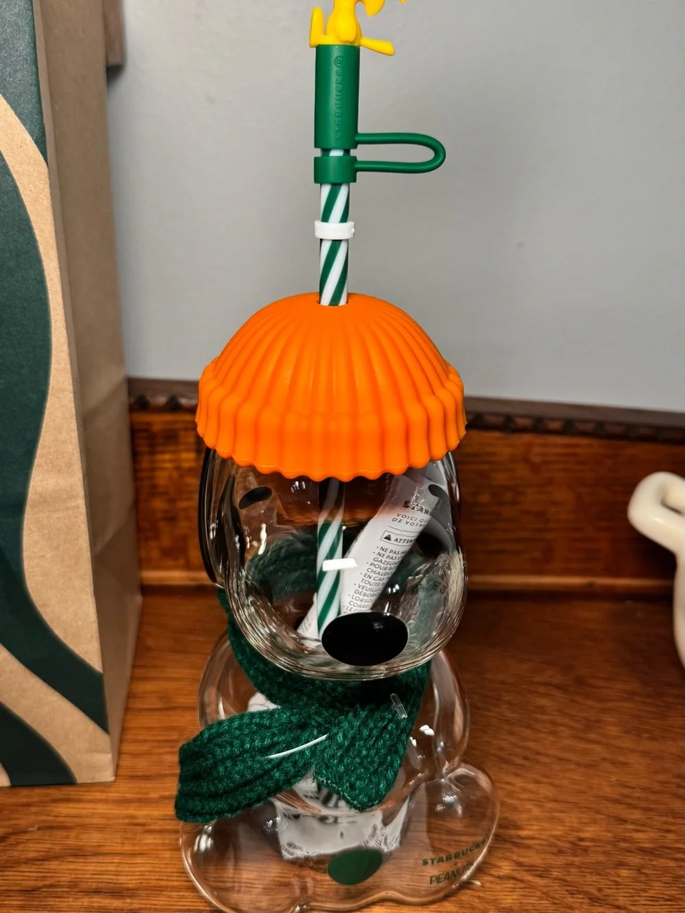 Starbucks Orange Beanie Snowman Glass Cup with Green Scarf and Straw